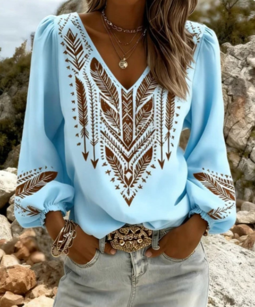 2026 Summer New Floral Festival Print V-Neck Long Sleeve T-Shirt Women's Top