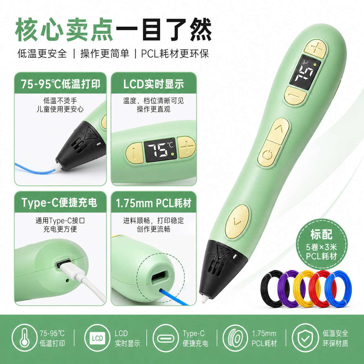 Children's 3D Printing Pen Low Temperature Safe Educational Drawing Pen Set Rechargeable Student Handmade DIY Toy