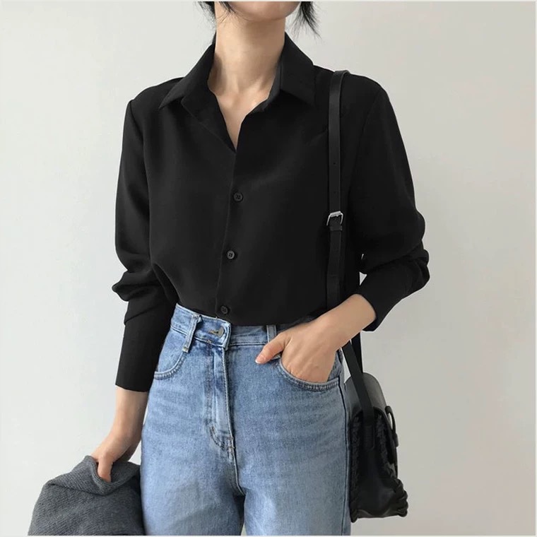 Black Chiffon Shirt Women Loose Polo Neck Long-Sleeve Top Professional OL Solid Color Hong Kong Style Base Blouse Women