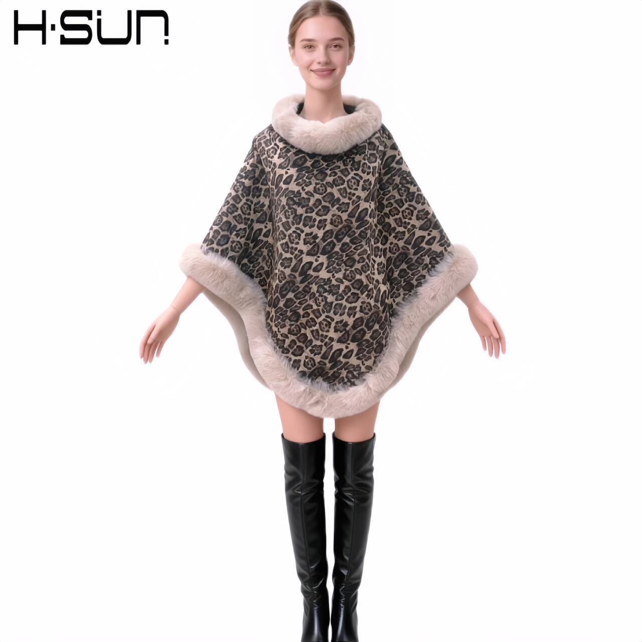 Pullover Street Pullover Poncho Fur Collar Non-Detachable Shawl Leopard Print Knit Fleece Poncho Fur Collar