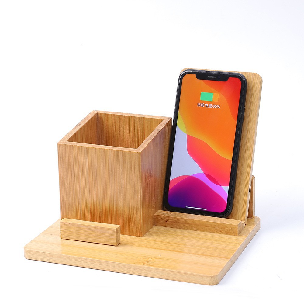Bamboo Wood Desktop Storage Stand Simple Multifunctional Pen Holder Pure Bamboo Wireless Charging Desktop Office Decoration Gift