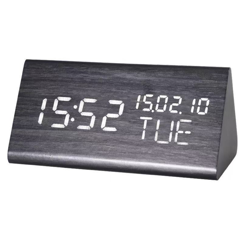 Three-display LED electronic wooden alarm clock, perpetual calendar clock bedside silent night light desk clock wooden clock