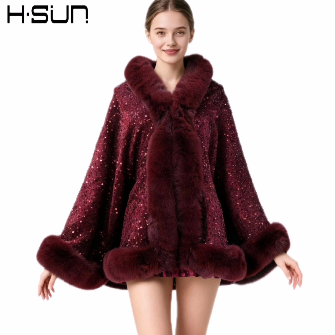 2026 Autumn and Winter Cape Outerwear Small Vest Street Style Cape Solid Color Sequins Fur Collar Poncho