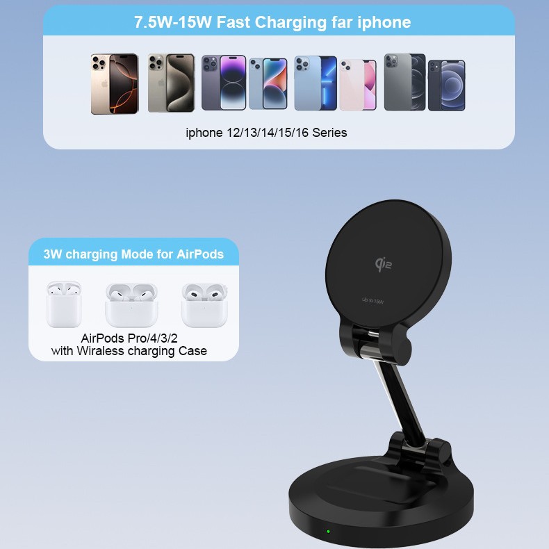 qi2.0 15W magnetic foldable portable wireless charger two-in-one for Apple phone earphone