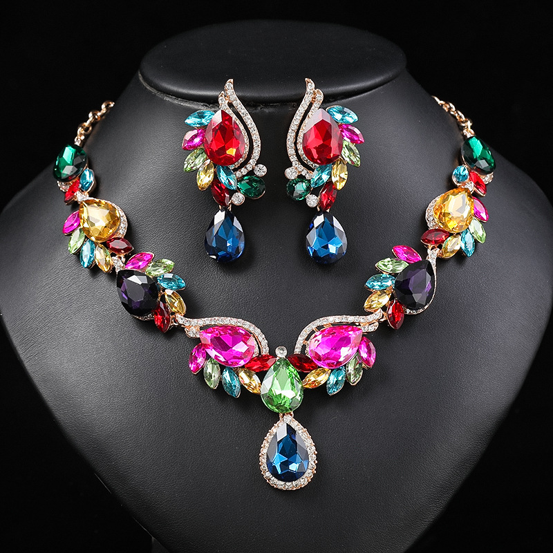 Multi-Color Gemstone Necklace Set Women Bride Banquet Dress