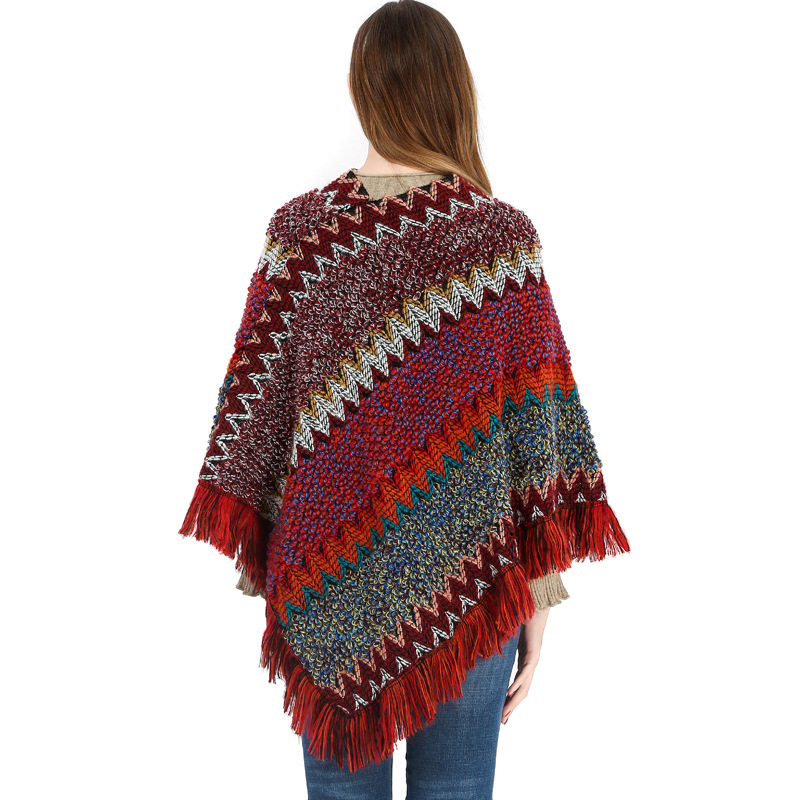 Colorful Ethnic Style Pullover Cape Women Poncho Acrylic Women Knit Cape Warm Autumn Winter Shawl
