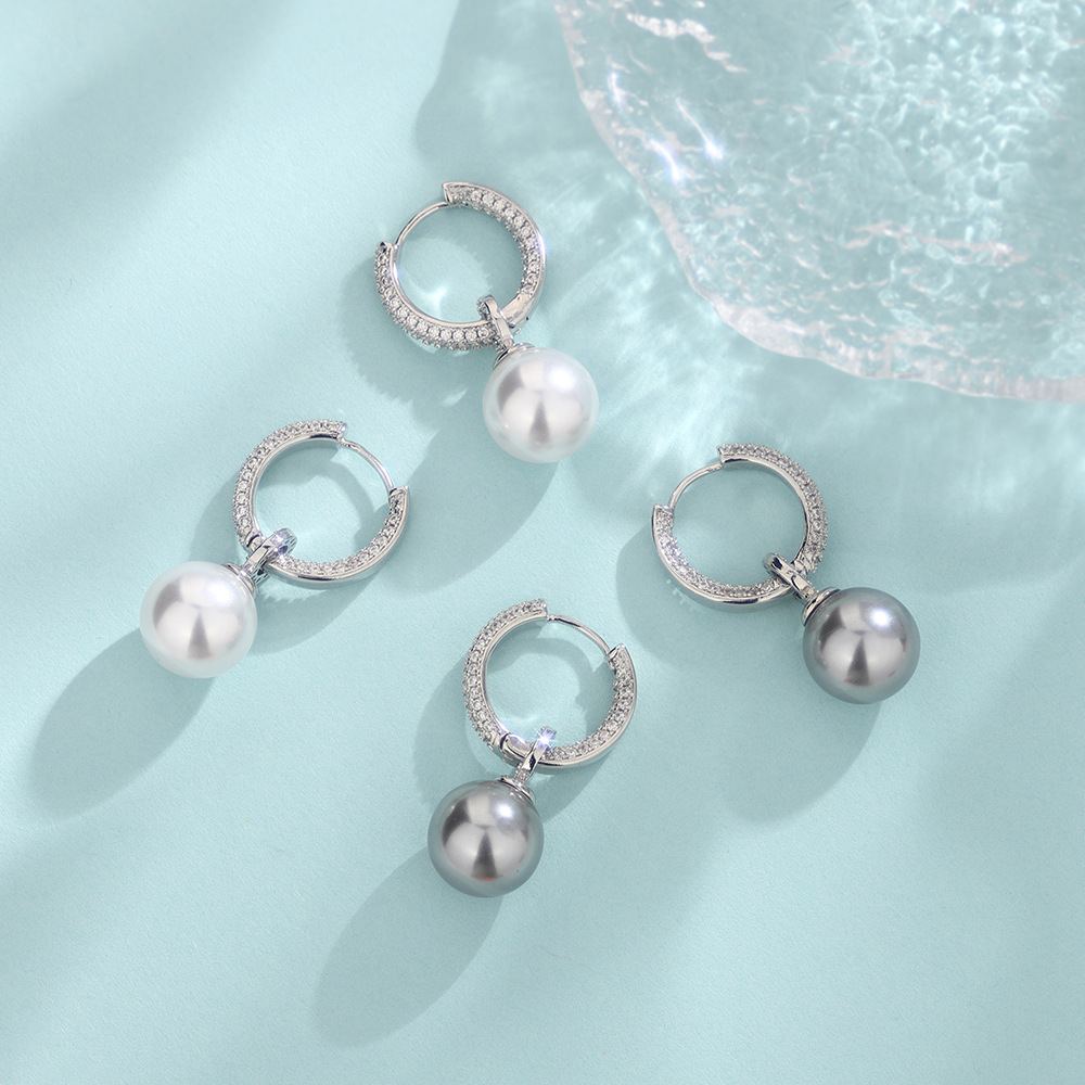 Zircon-set gray pearl earrings, goddess style, detachable round shell pearl earrings