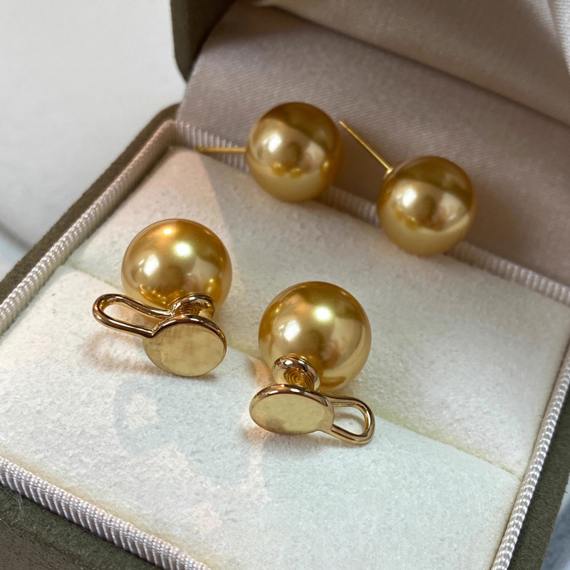 999 silver round round strong light pearl earrings sterling silver stud earrings women South Sea golden pearl no ear hole mosquito coil clip earrings