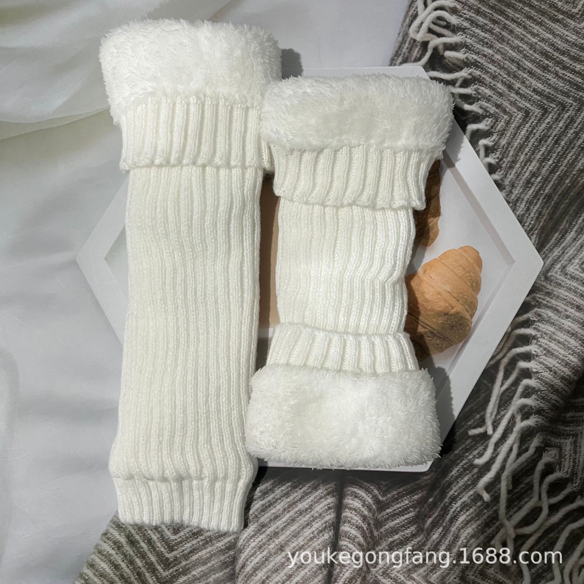 Winter Knit Sock Cuff Fleece Lined Thick Women's Warm Knee Protection Calf Protection Striped Solid Color Stacked Socks Sock