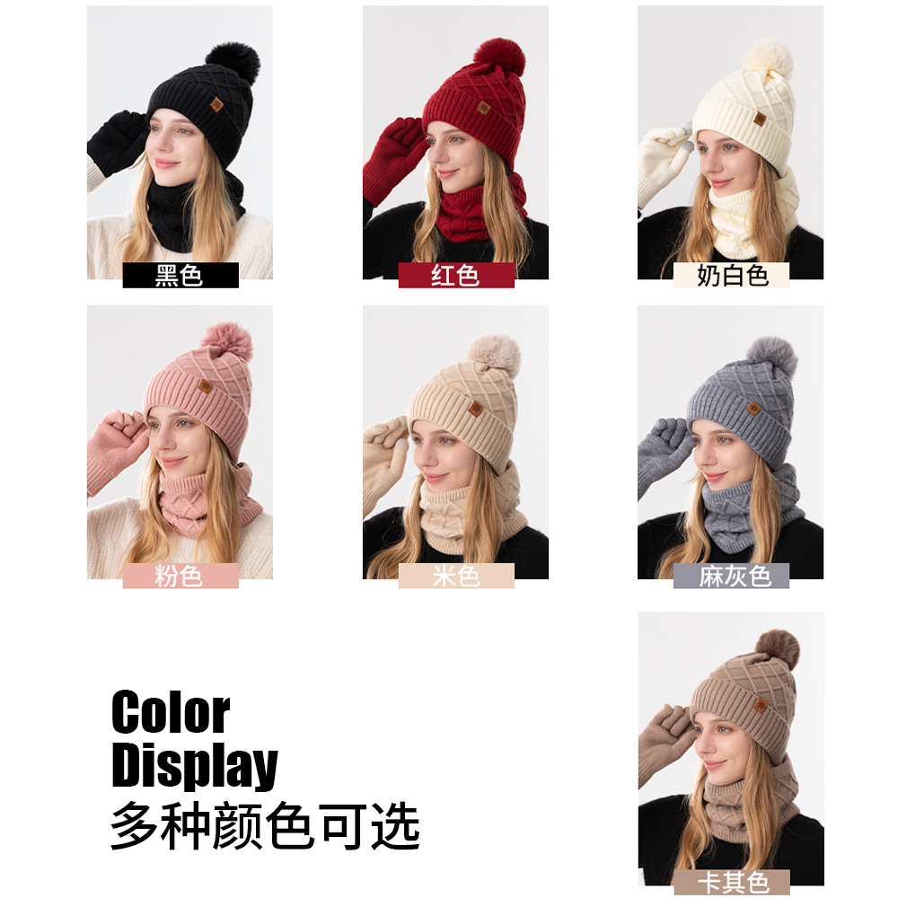 Knitted Hat Gloves Neck Gaiter Women Winter Warm Double-Layer Fleece-Lined Outdoor Cold-Proof Earflap Wool Hat Knit Hat