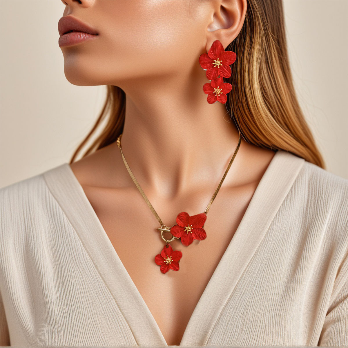 Bohemian Style Double Flower Earring Necklace Set Fresh Baked Paint Flower Jewelry Accessories