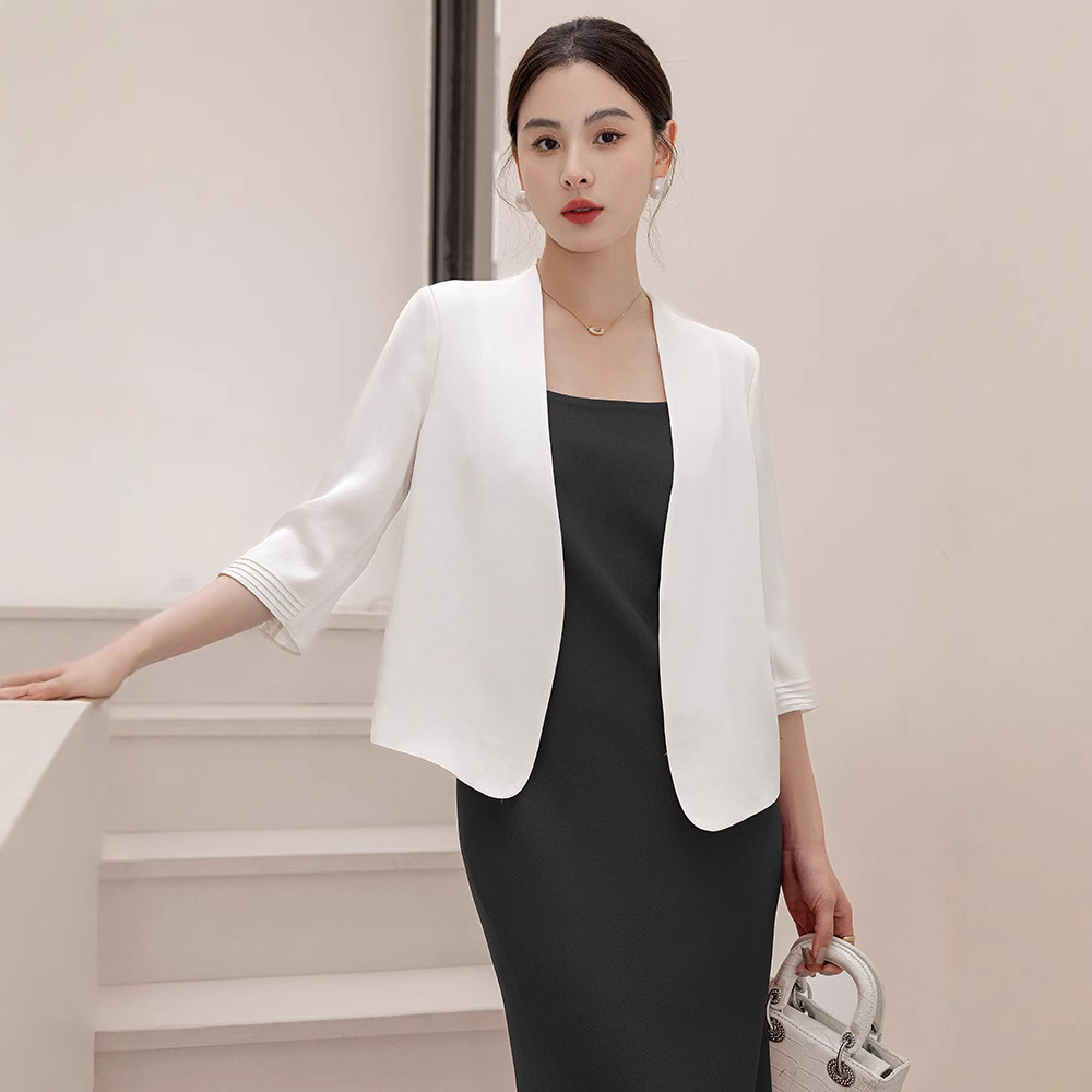 2026 summer solid color acetate suit jacket women five-point sleeve collarless short blazer