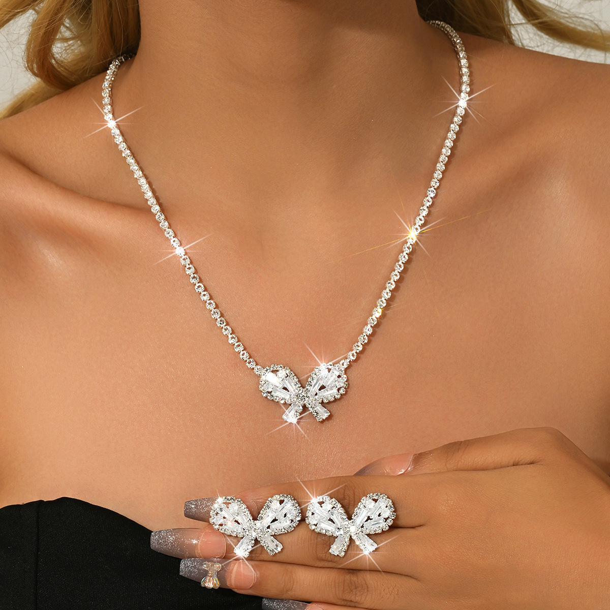 Jewelry Set Sweet Simple Bow Necklace Earrings Two-Piece Wedding Dress Exquisite Accessories