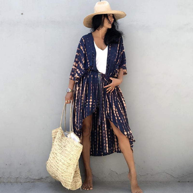 Rayon Black and White Tie Dye Cardigan Beach Dress Bikini Cover Up Swimsuit Outer Cardigan Sun Protection Vacation Dress