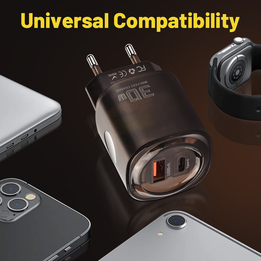 30W USB+Type-C Dual Port Fast Charging Phone Charger PD US/EU Travel Charger