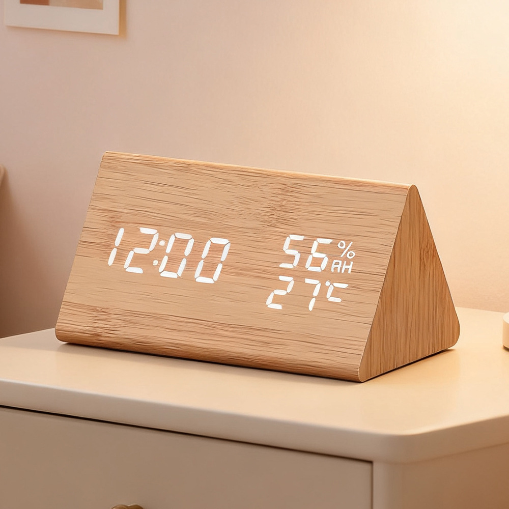 PVC Wooden Clock Multifunctional Alarm Clock LED Clock Thermometer Digital Clock Student Bedside Electronic Night Light Alarm