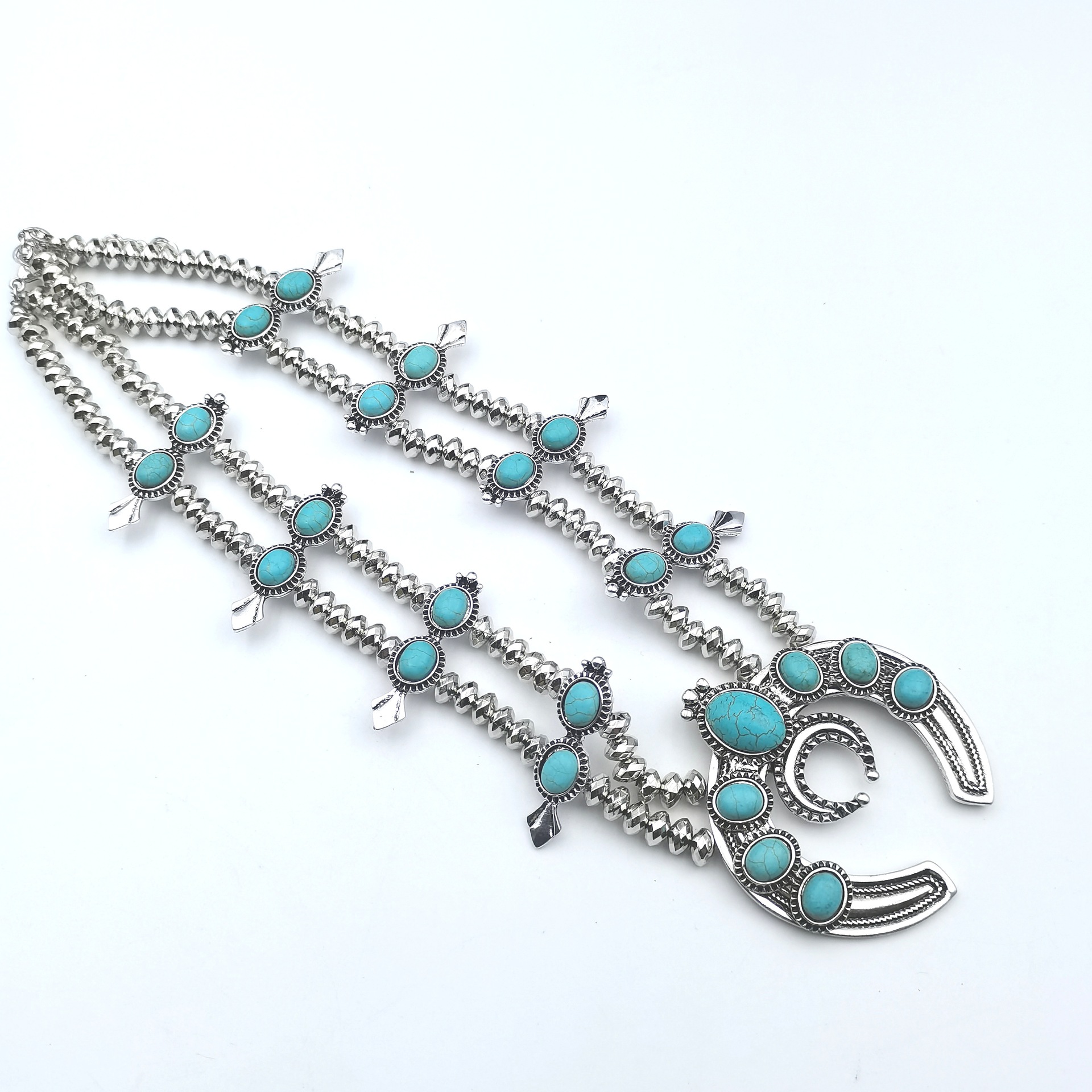 New turquoise necklace multi-layer handmade beaded long alloy crescent moon pendant
