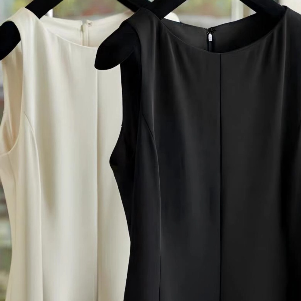 th**ry A-line acetate dress women summer Hepburn style sleeveless fishtail umbrella swing vest dress midi