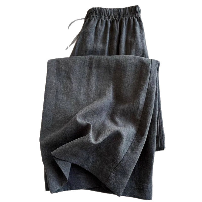 Super Hot! Old Money Relaxed Style~ Charcoal Black Elastic High-Waist Drawstring Linen Cotton-Linen Wide-Leg Pants