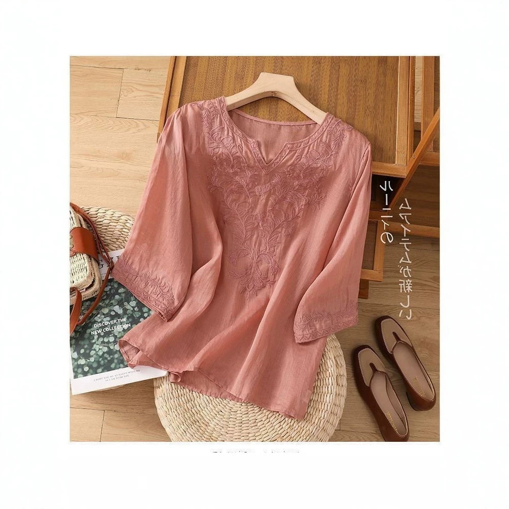 Spring summer new cotton-linen embroidered seven-point sleeve top women's loose round neck embroidered shirt