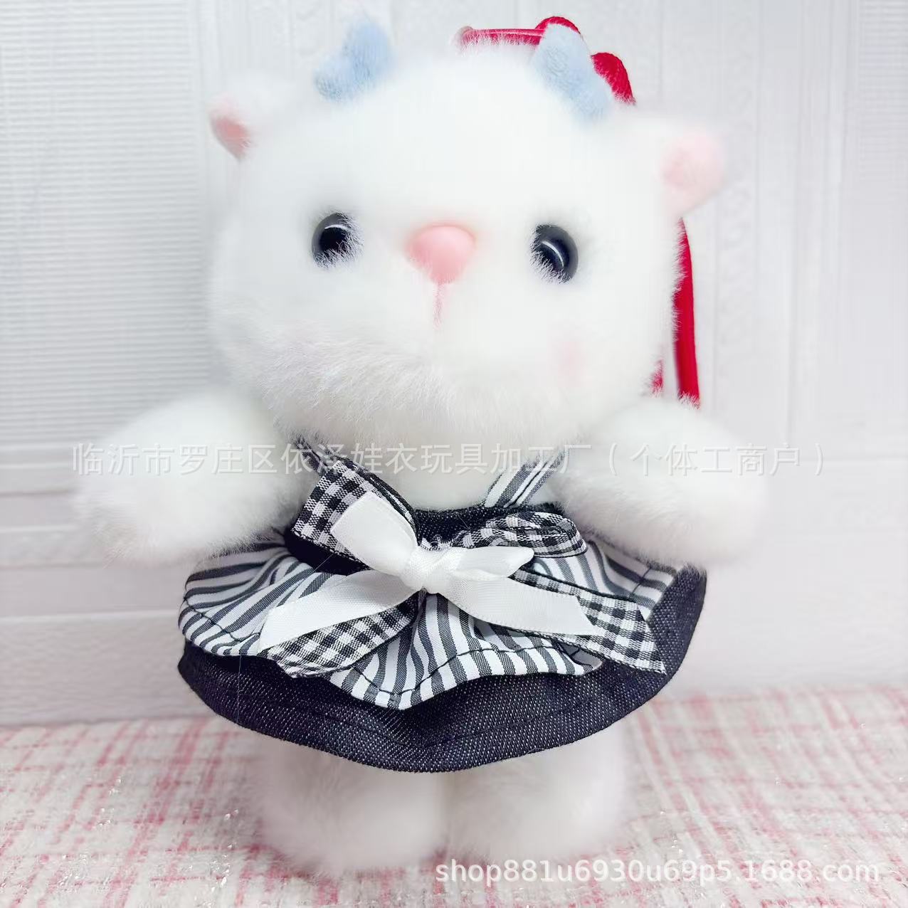 New 15CM Doll Clothes KT Plush Toy Plush Grid Bow Skirt Shirley Mei Gate Dog Labubu Lace Skirt