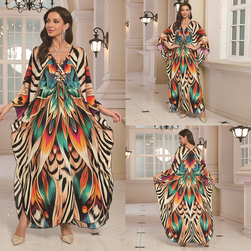 New Cotton Position Print Vacation Beach Long Dress Women Loose Long Dress Bikini Cover Up Sun Protection