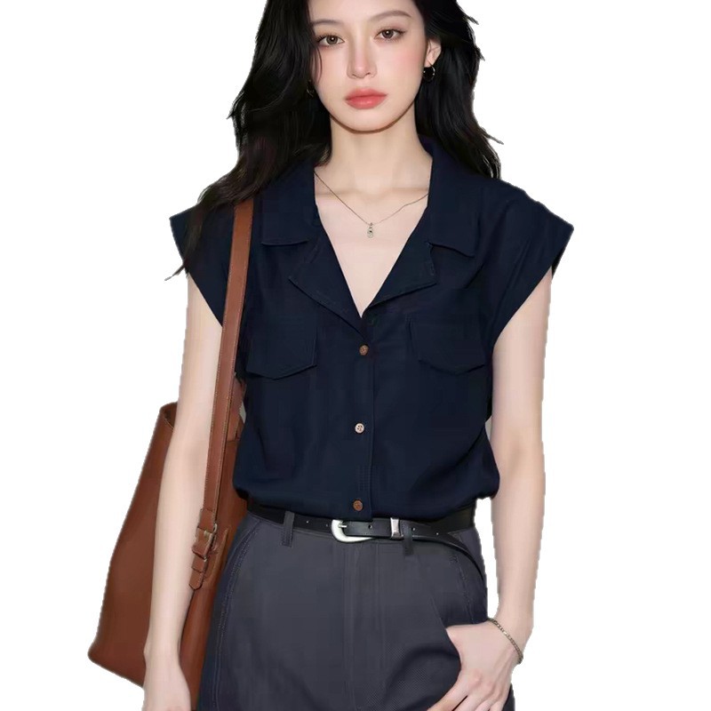 Navy Blue Turn-Down Collar Short-Sleeve Shirt Summer 2026 Women's Office Top
