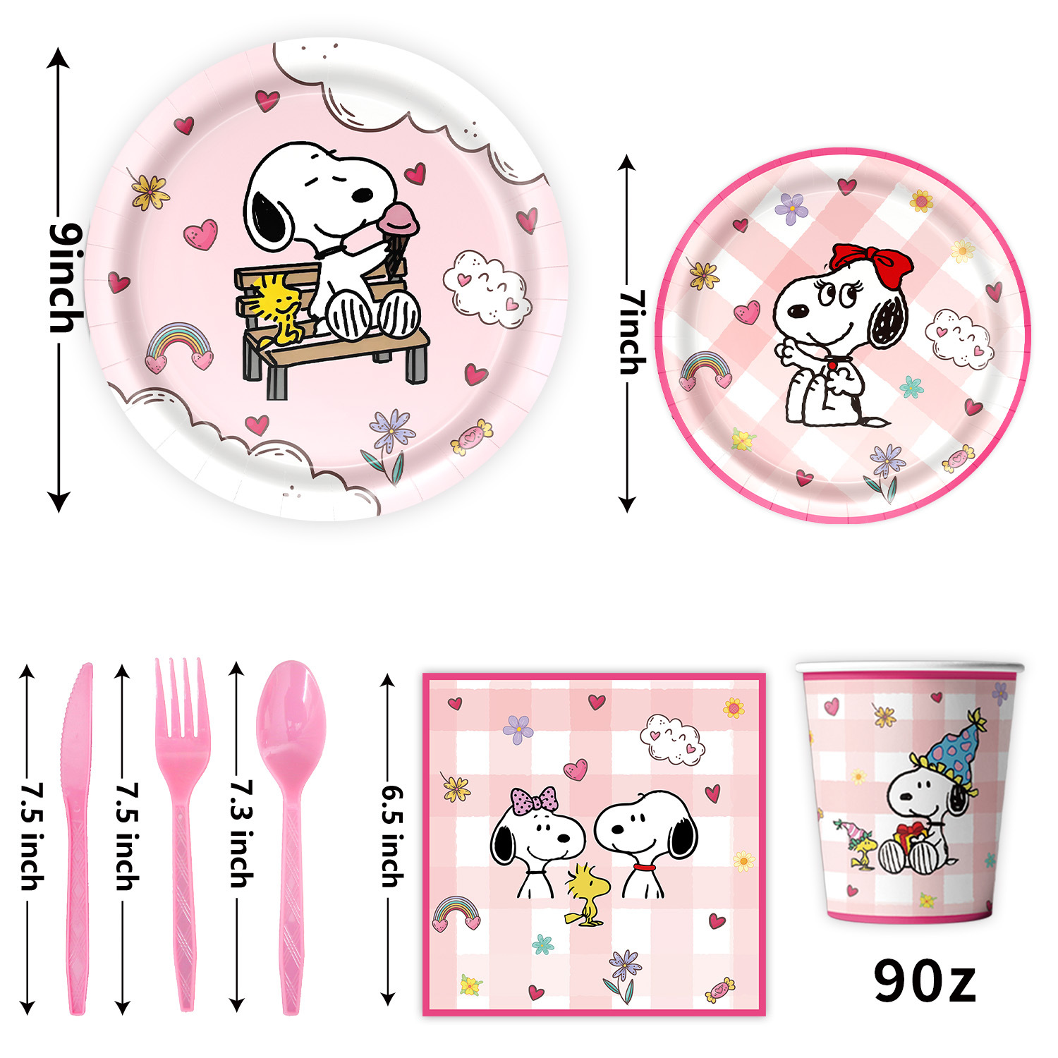 New Pink Snoopy Theme Party Tableware Disposable Paper Plate Napkin Paper Cup Tablecloth Bunting Flag Decoration