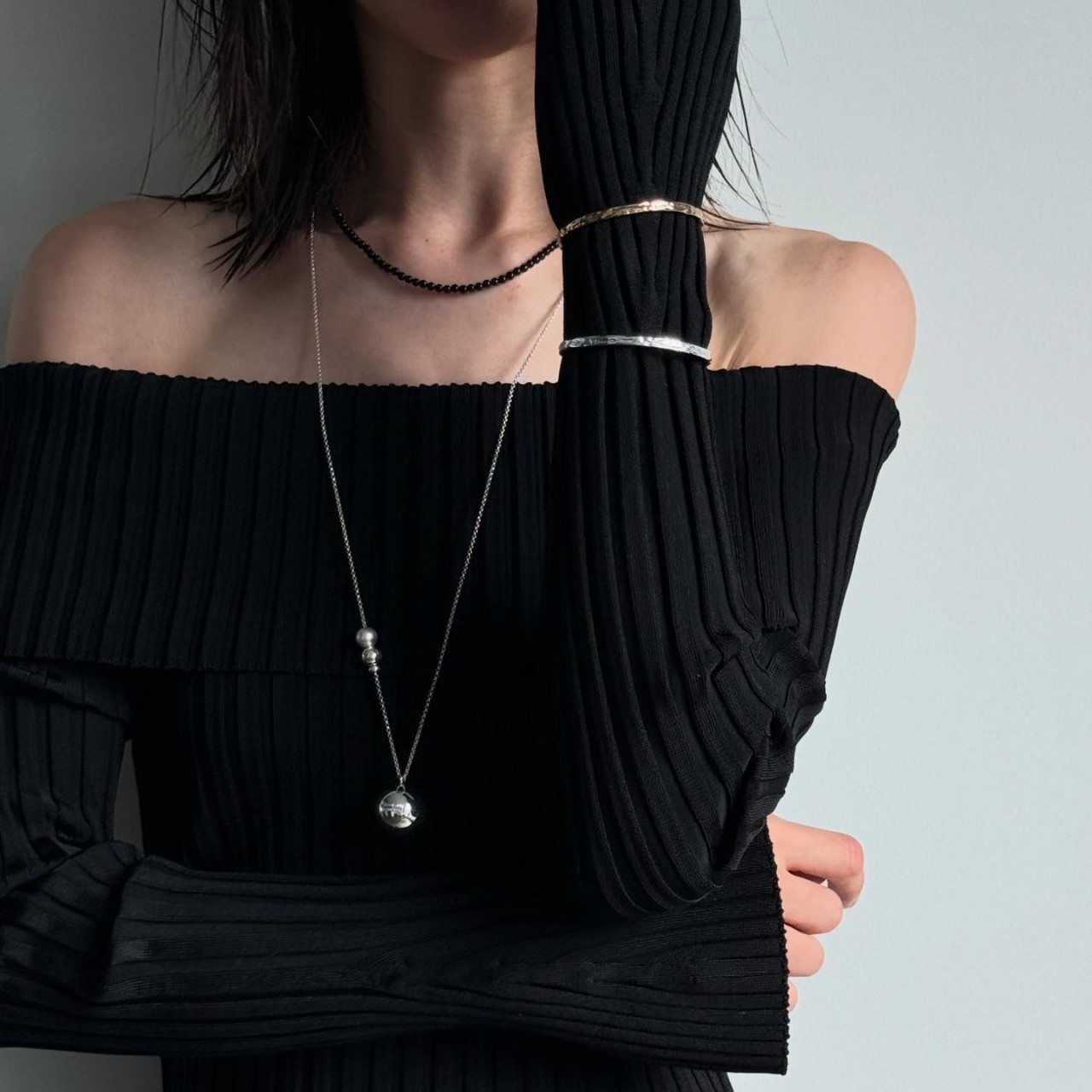 Small silver ball pendant long necklace for women, copper plated silver, simple sweater chain