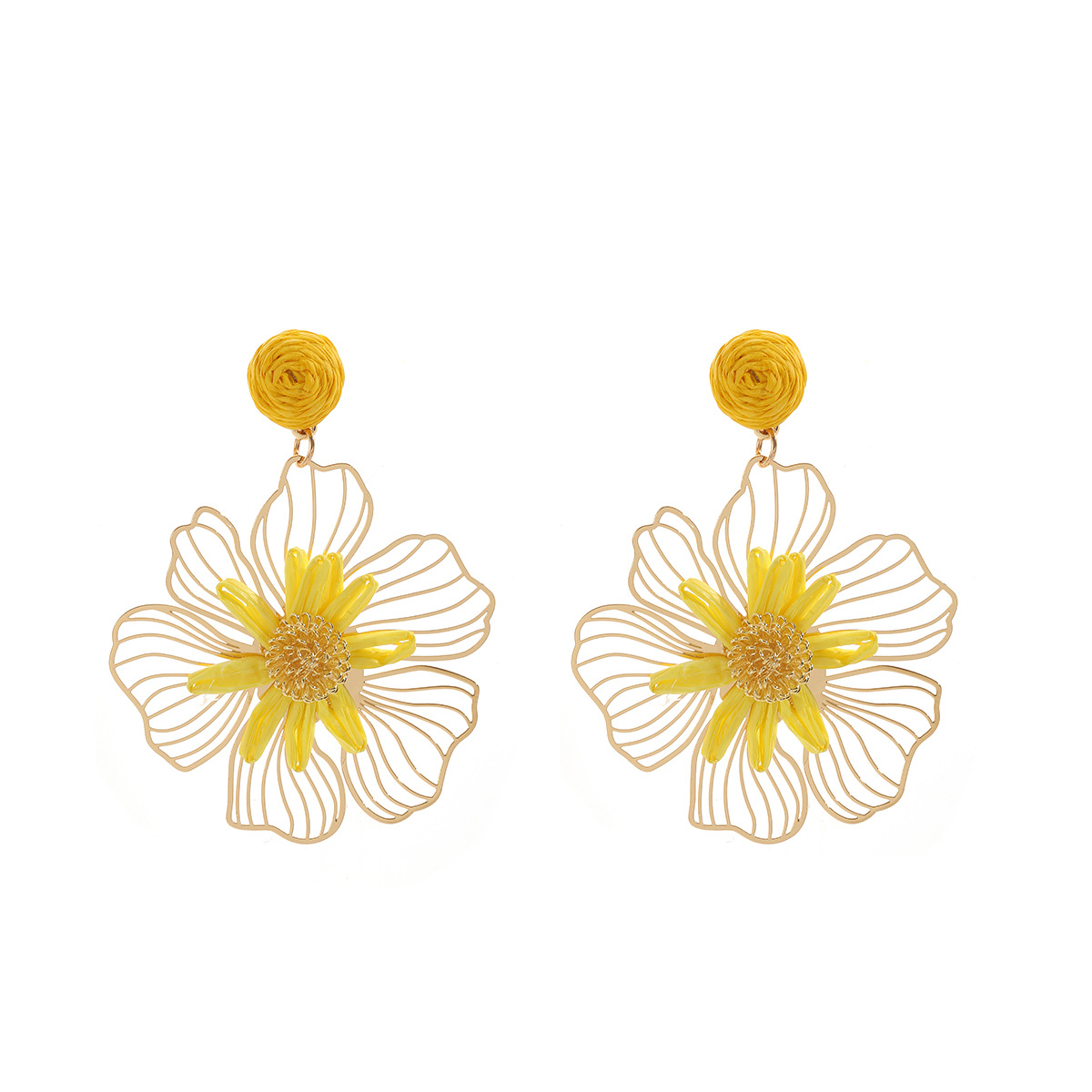 2026 spring summer raffia handmade woven hollow three-dimensional flower earrings for women beach vacation style