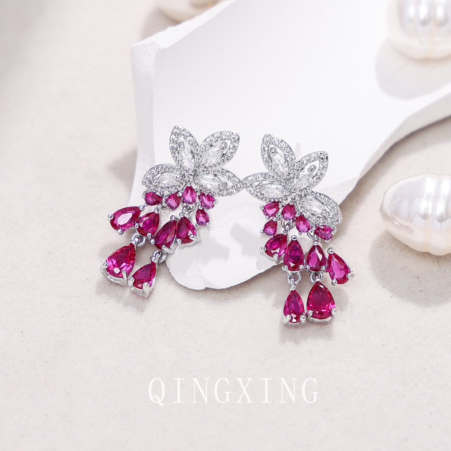 Red Corundum Tassel Earrings Heavy Craft Full Diamond Flower Earrings Banquet Dress Earrings Women's