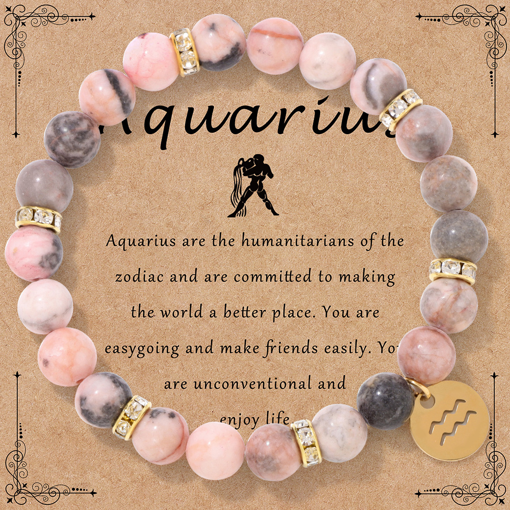 New twelve zodiac bracelet pink zebra stone beads elastic rope couple bracelet card pack birthday