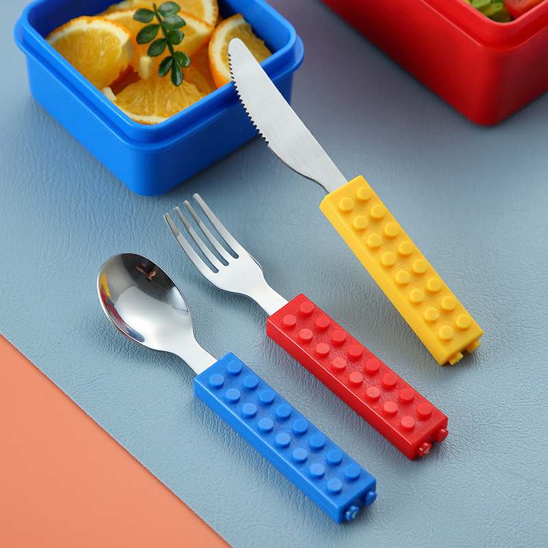 Baby stainless steel cutlery set, portable small spoon, fun children's puzzle building block fork and spoon set