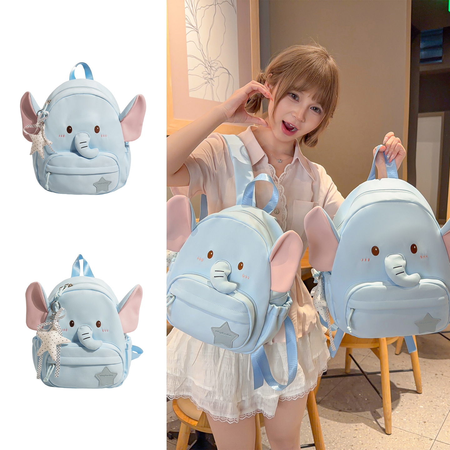 Cute Little Elephant Cartoon Backpack for Women Sweet Style Student Soft Girl Backpack Outing Small Backpack
