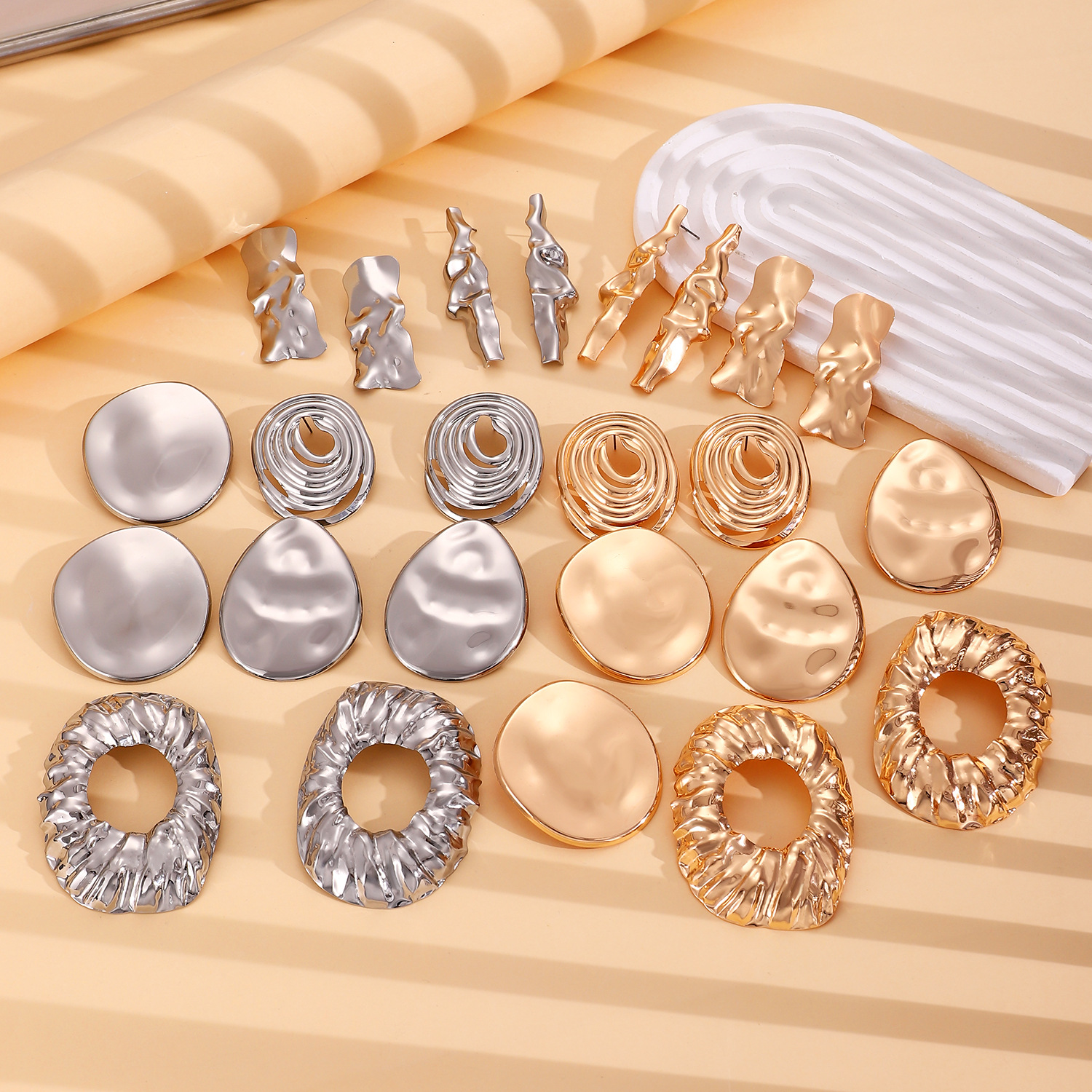 Exaggerated Metal Lava Fold Texture Stud Earrings Irregular Geometric Earrings Women