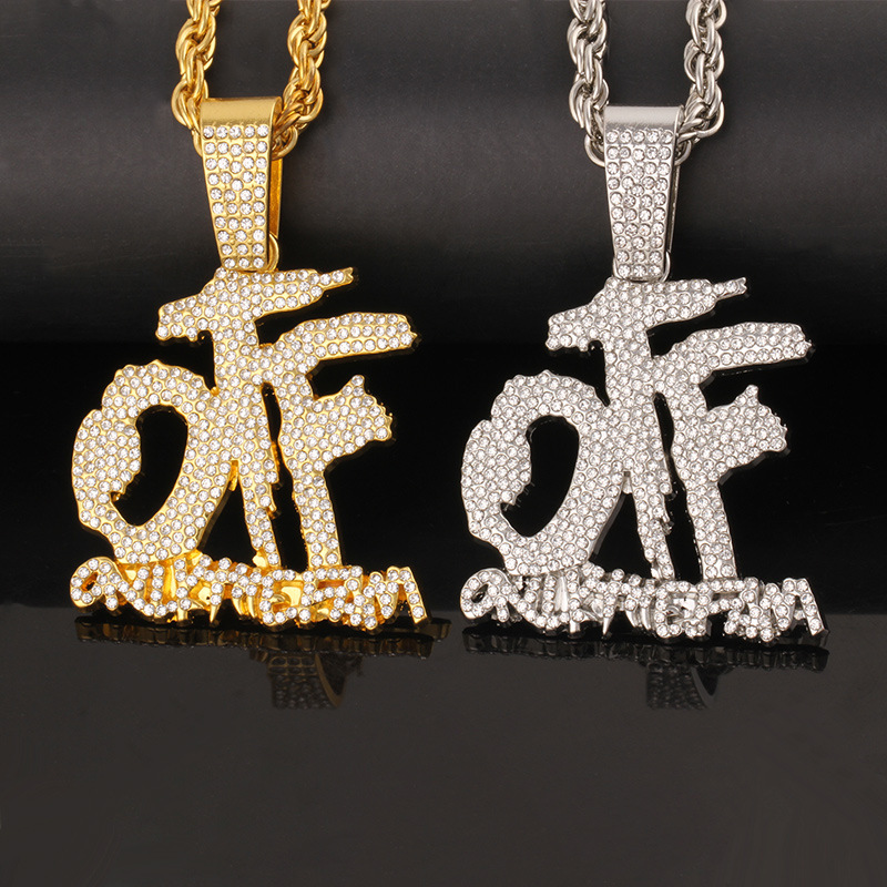Hip-hop full diamond spliced letter OFF pendant necklace punk rap Cuban jewelry