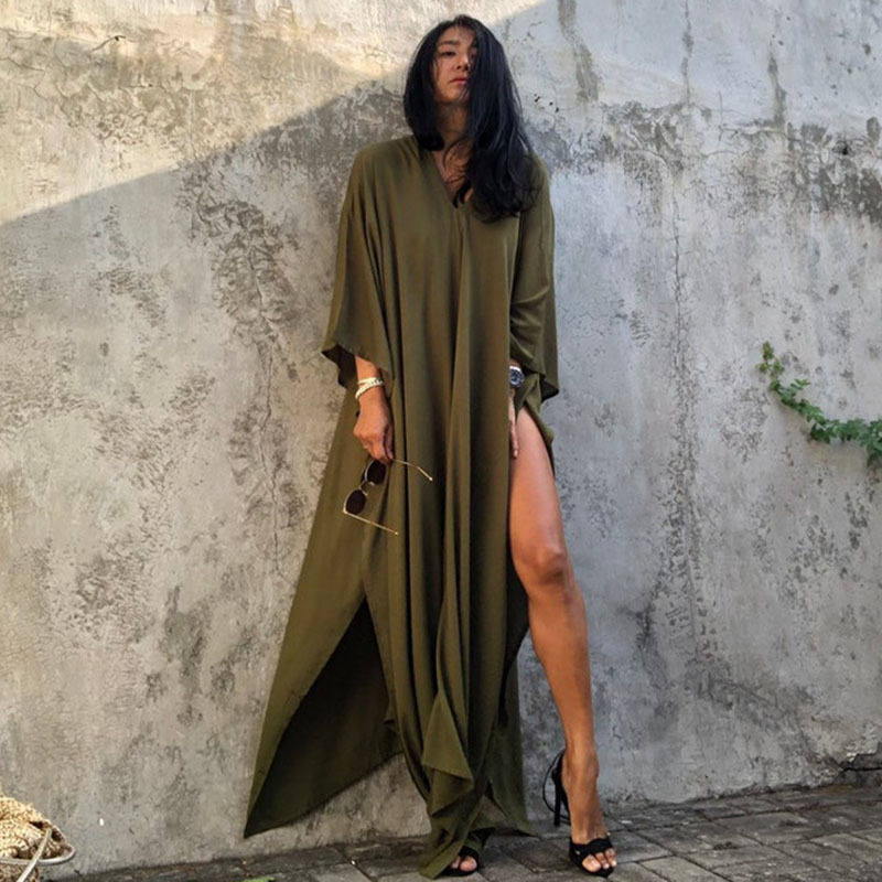 New Rayon Solid Color Cover Up Seaside Vacation Long Dress Loose Cover Up Bikini Swimsuit Long Dress Outer Women