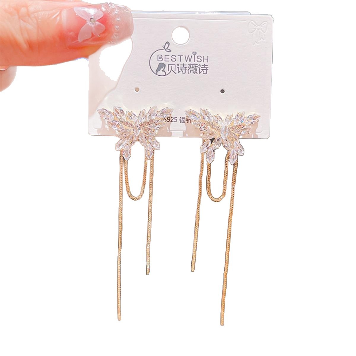 [Tassel 1] Exquisite super fairy face-slimming long zircon earrings, silver needle earring accessories