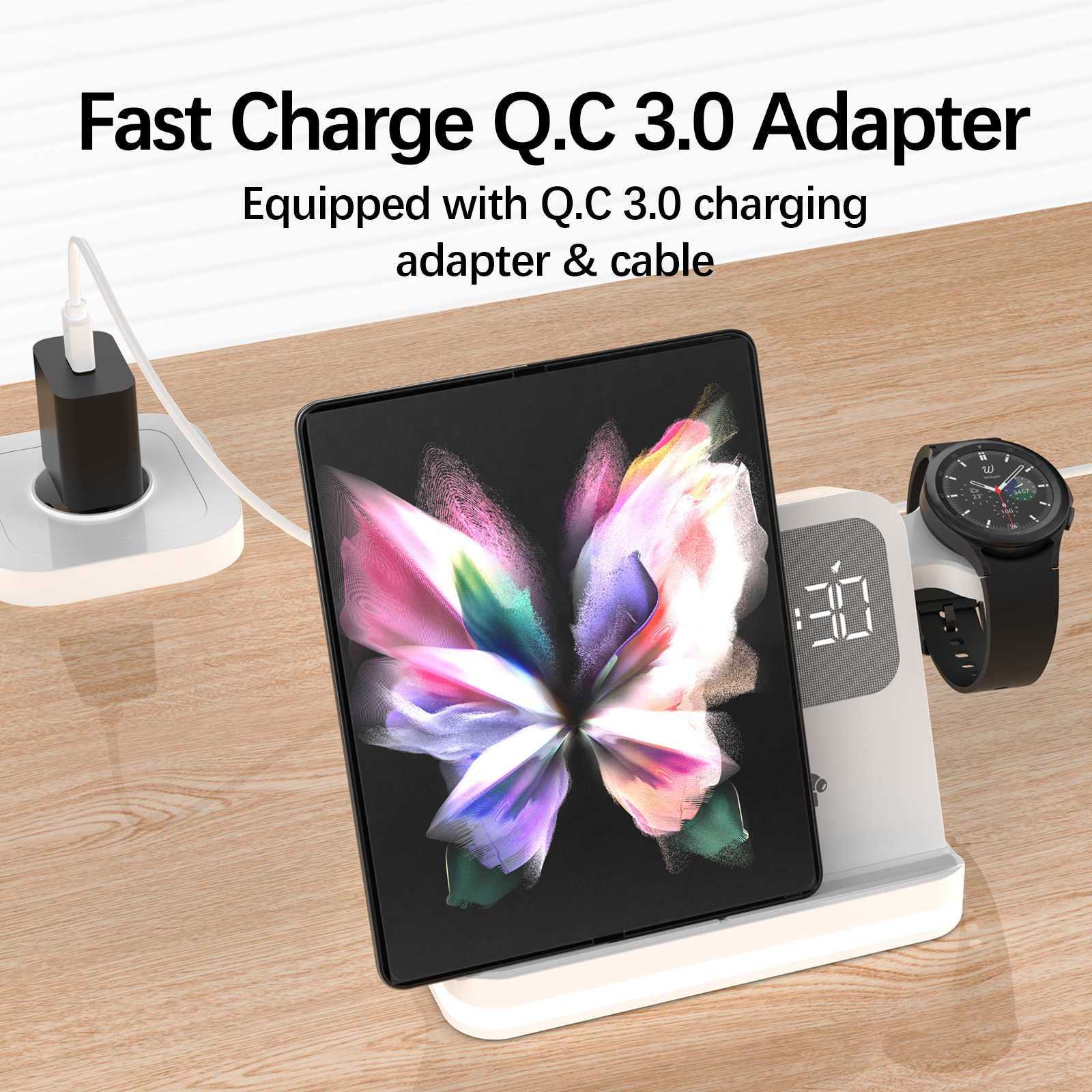 For Huawei Apple Samsung Phone Earphone Watch Clock Alarm Lamp 4-in-1 Wireless Charger