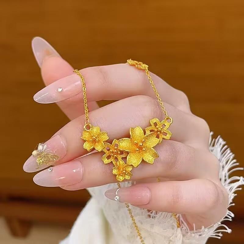 Sand gold new Chinese style three-life flower set chain gold-plated sense of flowers collarbone necklace wedding flower necklace
