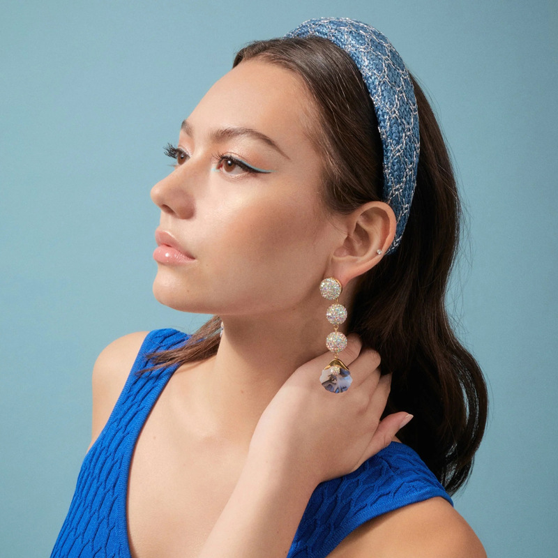 Polymer clay full diamond gem ball fan-shaped luxurious long ear studs earrings le