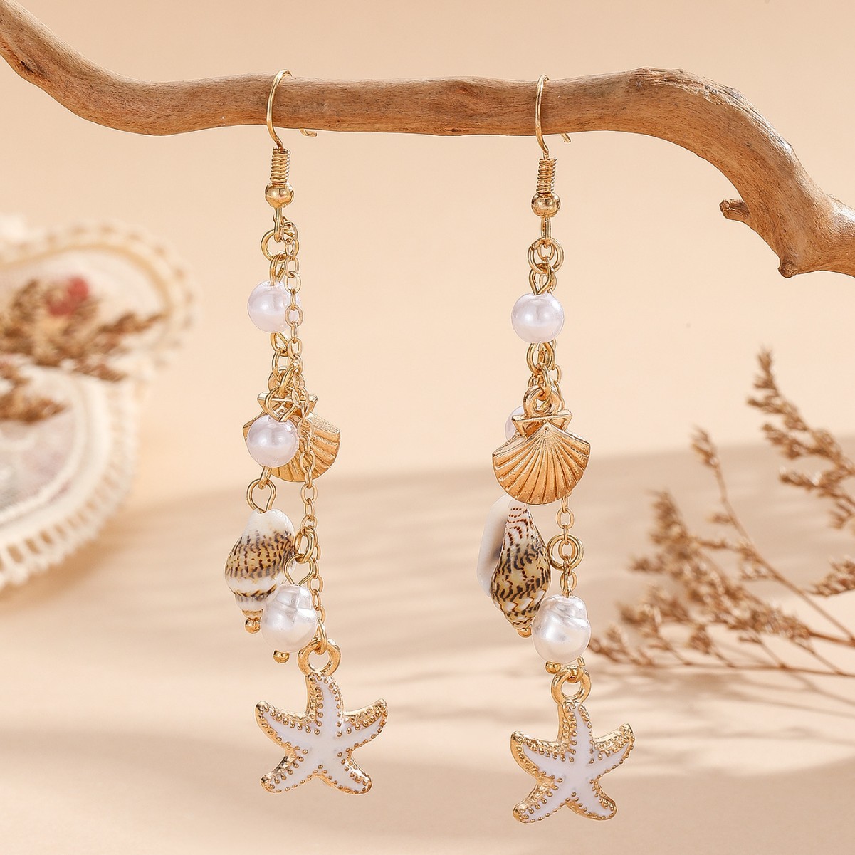 Ocean Style Pearl Starfish Shell Pendant Earrings Simple Turquoise Earrings Women