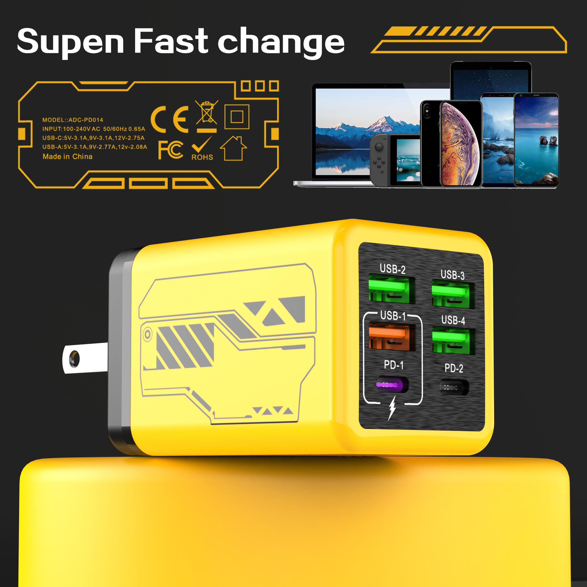 240W All Protocols Multi-Port 4U+2PD Charger Smart Home Appliance Travel Charger Mecha Style Charging Head