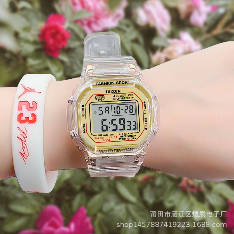 Simple Original Dormitory Style Transparent Square Electronic Watch Middle and High School Students Girly Heart Luminous Alarm Clock Watch Men