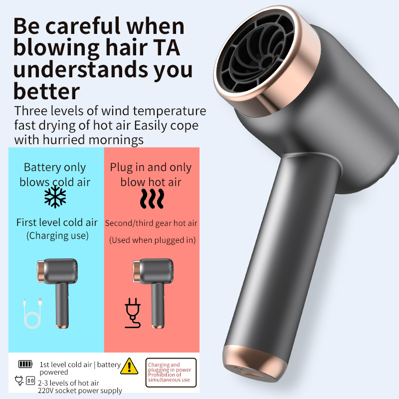 Wireless Hair Dryer College Dormitory Rechargeable No Plug Hair Care Cold Hot Air Art Studio Portable USB Hair Dryer