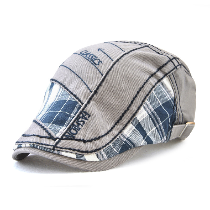 Cap with plaid patchwork and parallel arrow embroidery, new outdoor sun hat