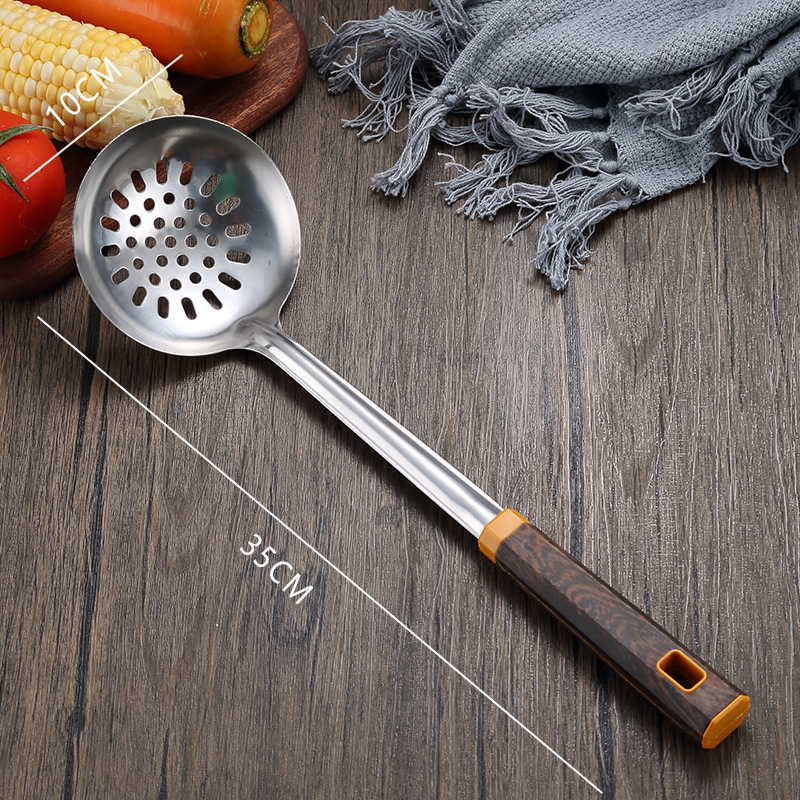 Stainless steel thickened wok spatula soup spoon home kitchen chef cooking anti-scald wok spatula wood grain handle set