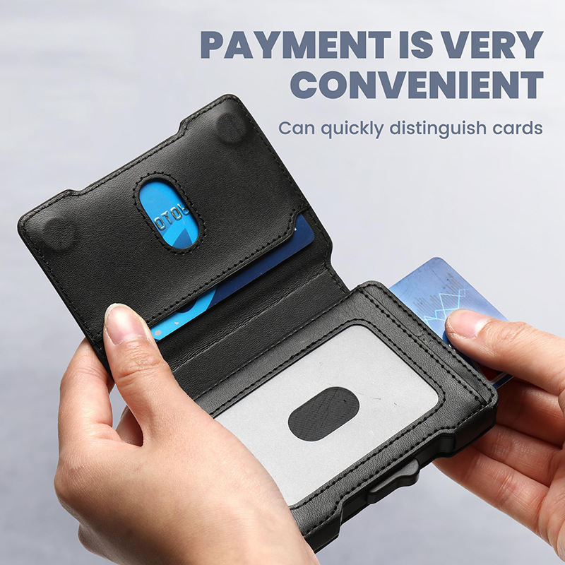 One-Click Pop-Up Metal Genuine Leather Card Holder RFID Anti-Theft Function Multi-Card Slot Men's Wallet