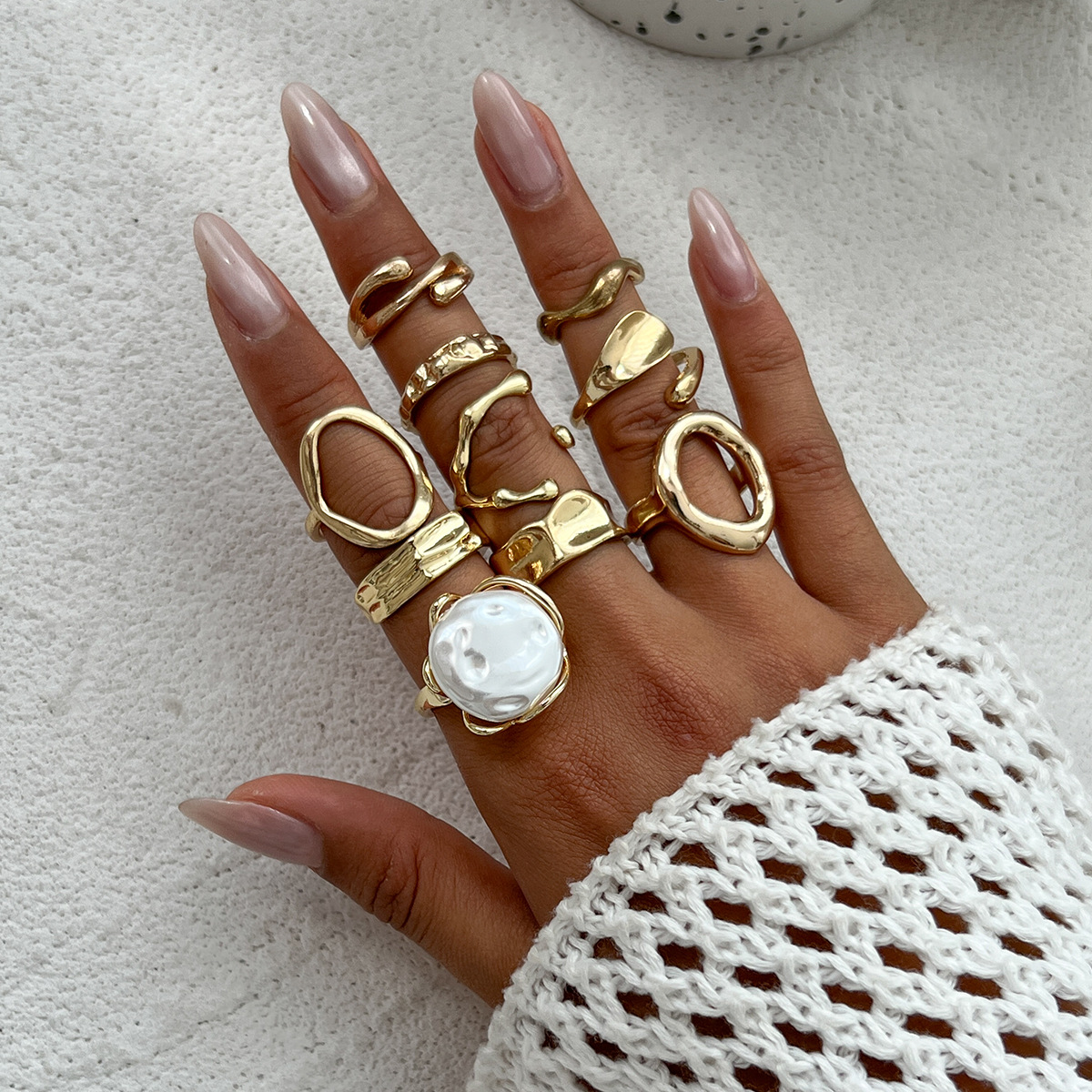 Irregular metal smooth ring for women Baroque faux pearl knuckle ring