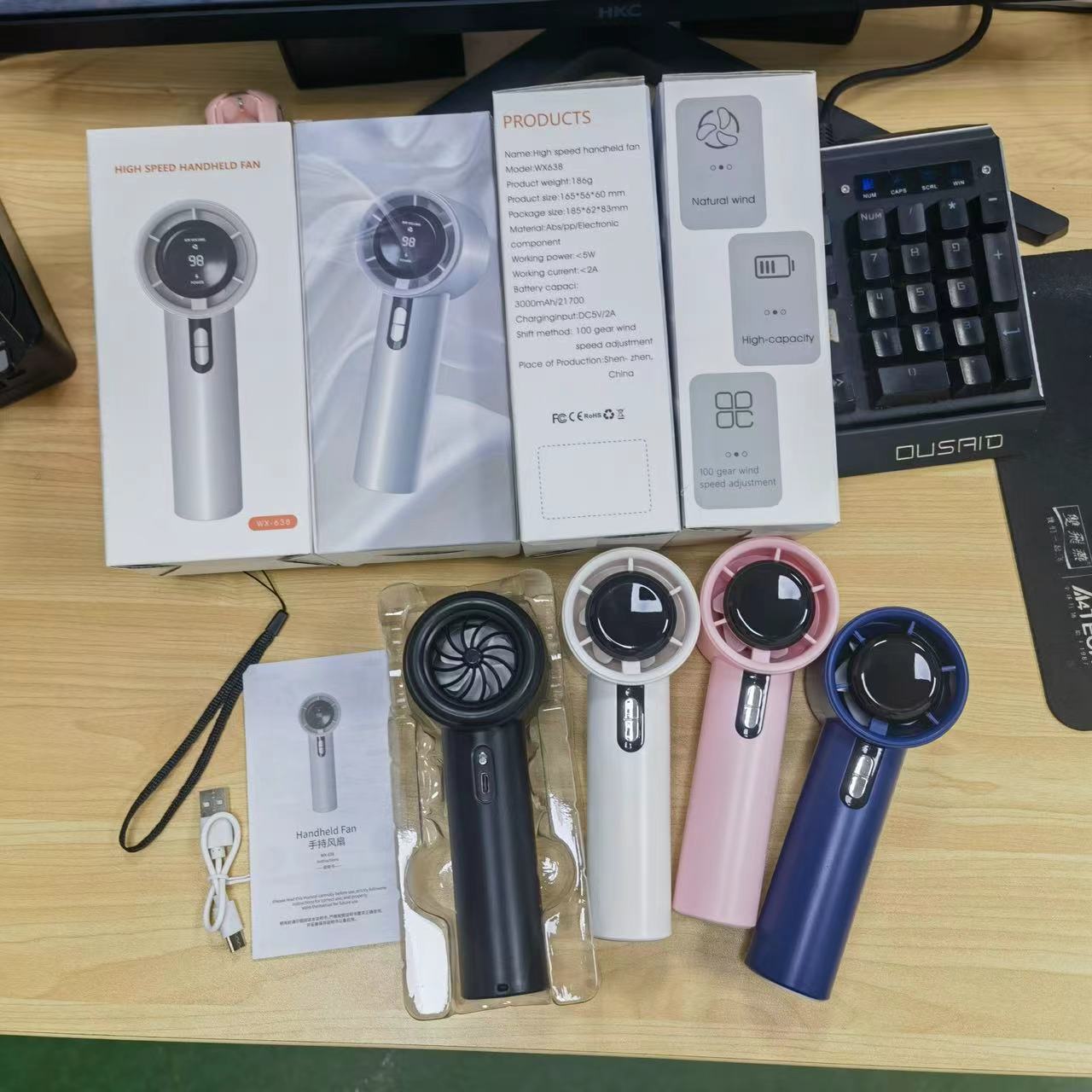 638 Handheld Fan Portable Fan Desktop Digital Display USB Charging Cooling Fan Electric Fan